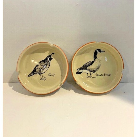 Pair of 4.5" Ashtrays. Matching Quail & Canadian Goose by Lorrie F Designs Japan - Picture 1 of 5